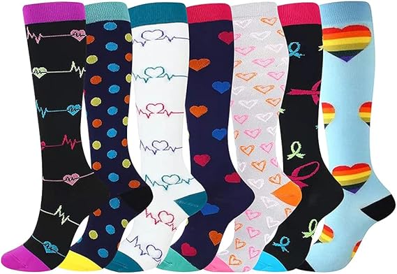 Compression Socks for Women and Men, 7 Pairs Medical Compression Stockings 15-20 mmHg Colorful Support Socks for Athletic, Varicose Veins, Running, Cycling, Hiking, Flight, Travel, Nursing, Pregnancy