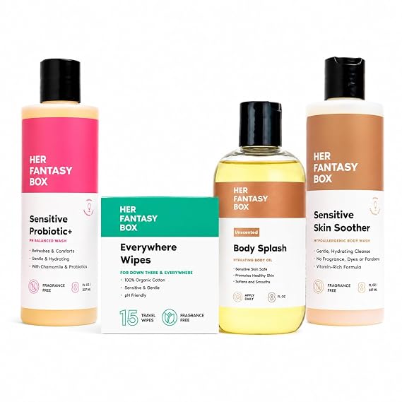 Her Fantasy Box | Sensitive Skin System Fragrance-Free Body Wash, Sensitive Probiotic Wash, Unscented Body Oil & Aloe Wipes for Soft, Calm Skin