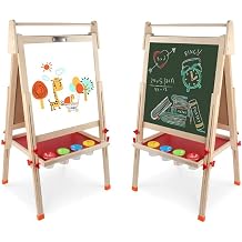 Kids Wooden Art Easel Double-Sided Whiteboard and Chalkboard Adjustable Standing Easel with Paper Roll Holder,Letters and Numbers Magnets and Other Accessories Gift for Kids Toddlers Boys and Girls