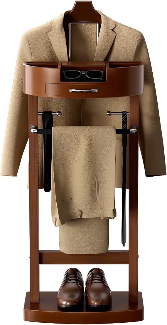Solid Wood Suit Rack Stand, Freestanding Valet Stand with Tray, Men's Valet Coat Stand with Contour Hanger, Solid Base, for Bathroom Office Bedroom, Walnut