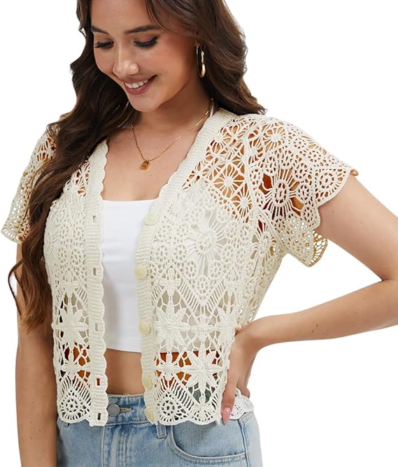 Women's Short Sleeve Bolero Shrugs Crochet Lace Open Cardigan