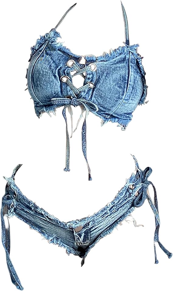 SINMIUANIME Women's Denim Bikini Set Bra Panties Cosplay Lingerie Jeans Shorts for Beach Game and Bar Night Club Performance