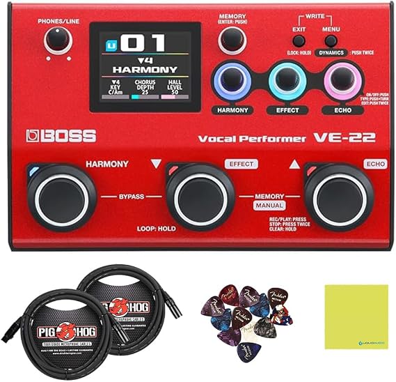 Boss VE-22 Vocal Performer, Bundle w/Mic Cables & Picks