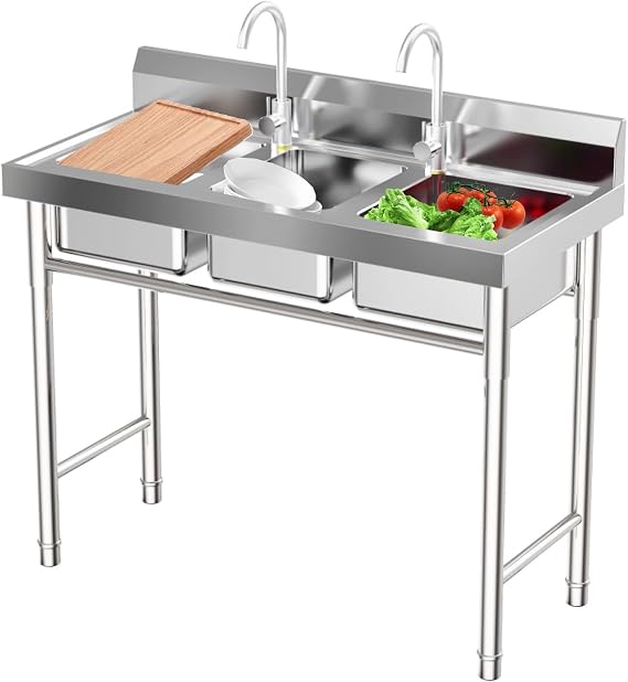 3 Compartment Stainless Steel Utility Sink, Commercial Free Standing 3 Bowl Kitchen Sink with 2 Faucets Hot & Cold Water Pipes for Outdoor Indoor Garage Restaurant Laundry Room (39'' 18'' 36'')