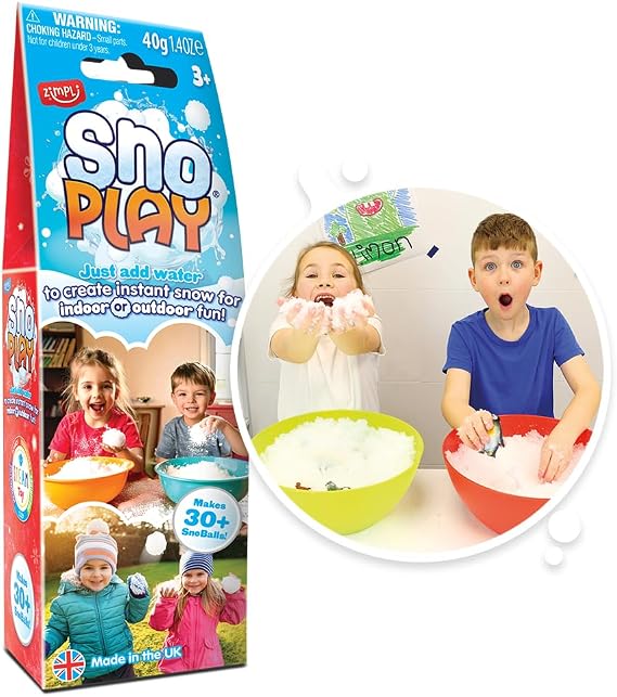 ZIMPLI - SnoPlay 2 Use, Magically turns water into Artificial Fake Instant Snow, Kids Indoor & Outdoor Toy, Stocking Filler for Boys and Girls 4 5 6 7 8 9, UK Made