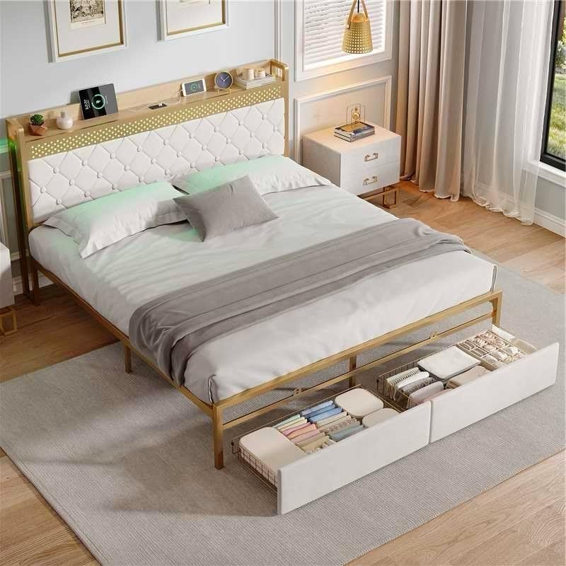 BTM Double Bed Frame with 2 Drawers, RGB LED Storage Headboard and Charging Station, Velvet Double Bed with Storage, 135x190cm-4ft6, Beige No Mattress