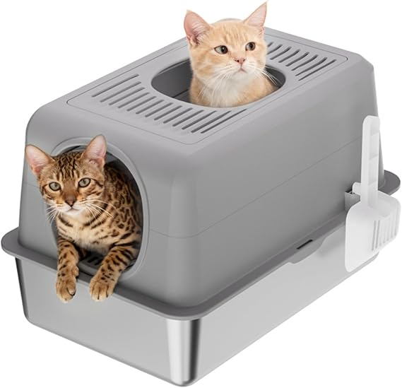 Stainless Steel Litter Box Extra Large Litter Boxes for Big Cats Large Metal Cat Litter Box with Lid Anti-Urine Leakage Box with High Sides Easy Clean Non-Sticky Scoop Included Gray