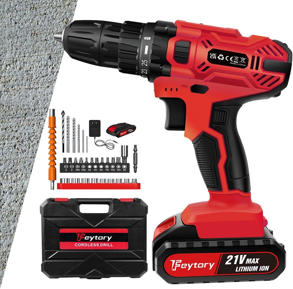 Cordless Drill Set - 21V Electric Power Drill with Battery and Charger, 251 Torque Settings, 2 Variable Speeds, includes 29pcs Drill Bits Driver Screws Accessories and Storage Case - Red