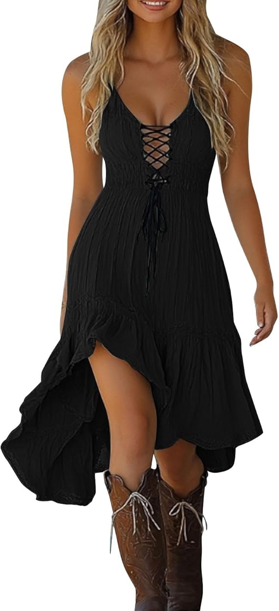 Women's Vintage Western Cowgirl Dresses Sexy Summer Linen Dress for Women 2025 Hollowed Out Party Midi Beach Dress