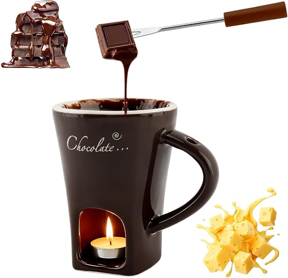 Chocolate Fondue Mugs, Chocolate Melting Cup Set with Forks Candle Warmer, Mini Ceramic Coffee Warmer Mug, Fondue Cups With Forks For Date Night Birthday Wedding Gifts(Black)