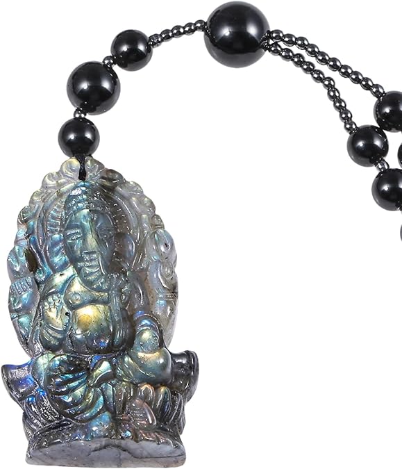 TUMBEELLUWA Natural Labradorite Pendant Necklace with Black Beaded Chain