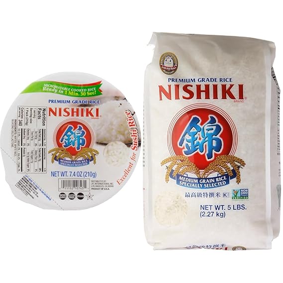 Nishiki Rice Bundle: Steamed White Rice 7.4-Ounce (Pack of 6) and Medium Grain Rice 80 Ounce