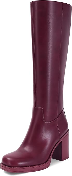 Knee High Boots for Women Chunky High Heel Round Square Toe Elastic Winter Fashion Long Tall Side Zipper Boots