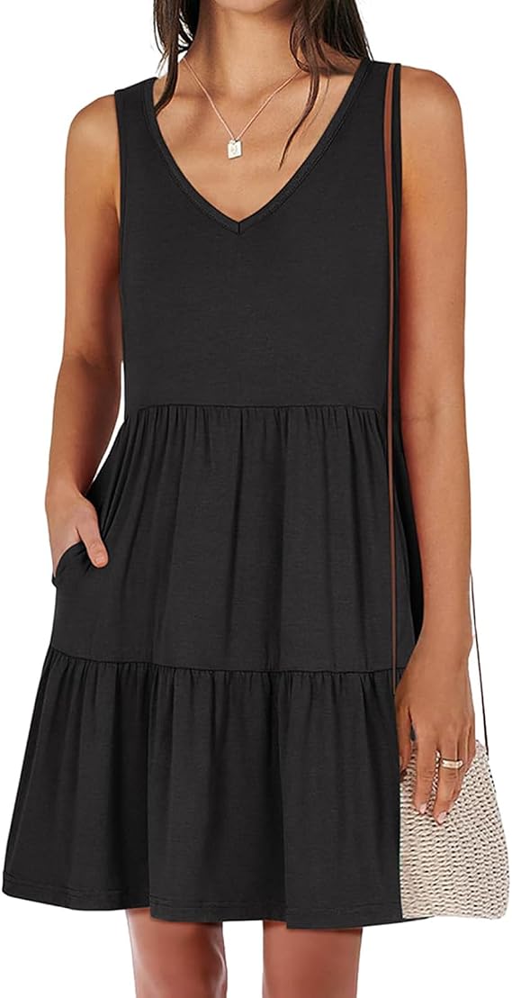 Tank Dress for Women Trendy V Neck Sleeveless Mini Dresses Summer Loose Fit Pleated Tiered Tummy Control Sundress
