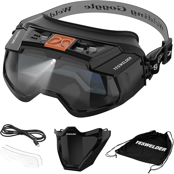 YESWELDER Auto-Darkening Welding Goggles with LED Light and Face Shield | TYPE-C Charging, lightweight goggles with face shield, 4 arc sensors, true color, adjustable fit, hard-hat-compatible design