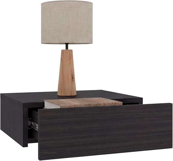 FM FURNITURE Vienna 1 Drawer Floating Nightstand, Wall Mounted Bedside Table with Open Storage Shelf, Modern Bedroom Furniture, Dark Brown Finish