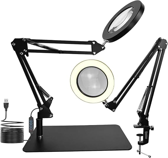 Stand, Magnifying Glass, Light, Magnifying Glass, Tabletop, Light Included, Equipped with 10x Magnification Magnification, Foldable, Angle Adjustable, Stepless Dimming, 3 Color Temperatures, USB Powered, Standing Type, Clip Compatible, Eye Care, Multi-Purpose Black
