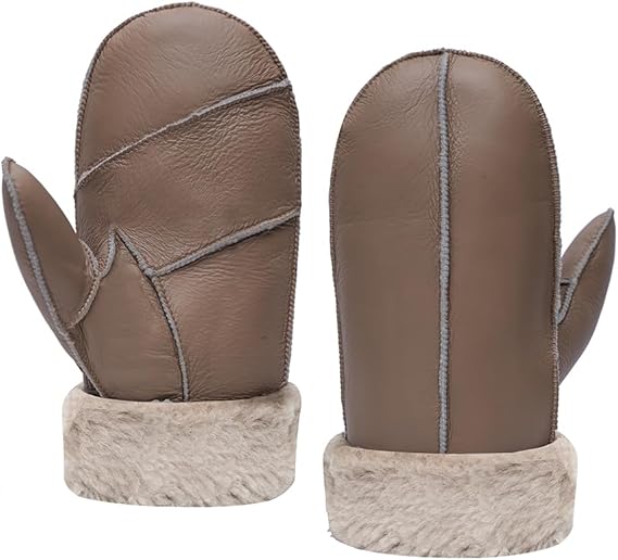 MGGMOKAY Men Leather Mittens Shearling Sheepskin Fur Lined Winter Mitten Gloves