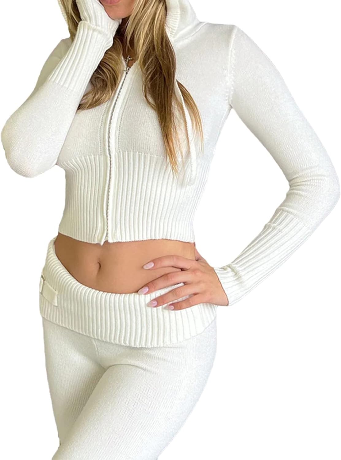 SMIMGO 2 Piece Summer Outfit for Women Y2K Zipper Crop Top Two Piece Set Tracksuit Loungewear Cute Knitted Hooded Sweatshirts with Pants
