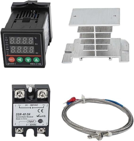REX-C100 PID Temperature Controller Kit with SSR-40DA State Relay, K Type Thermocouple Probe, Heat Sink, 0-999C Range Automation Temperature