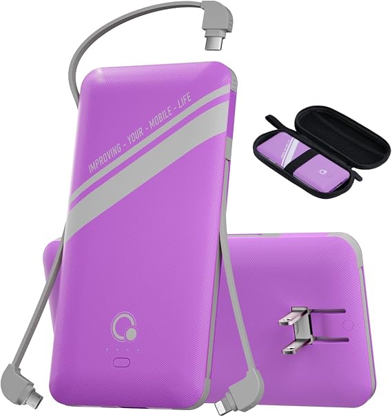 10000mAh Power Bank, Q Slim Portable Charger,4 Output External Battery Pack with Built-in AC Wall Plug Micro USB C Three Cables Compatible with Different Kinds of Mobilephone (Purple)