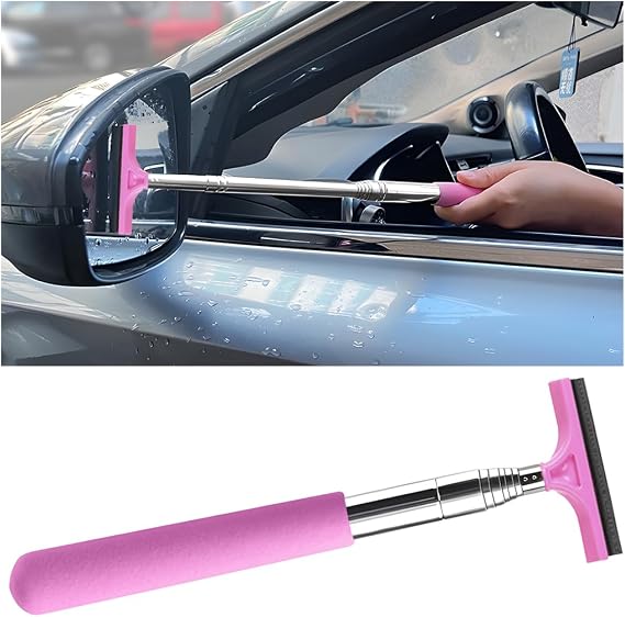 Car Rearview Mirror Wiper, Telescopic Vehicle Side Mirror Glass Squeegee with Long Rod, Retractable Portable Automotive Window Cleaning Tool Accessories, Universal for Most Cars (Pink)