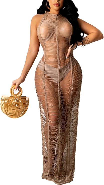 Women Sexy Halter Mesh See Through Crochet Maxi Dress Halter Backless Bikini Swimsuit Summer Cover Ups Brown M