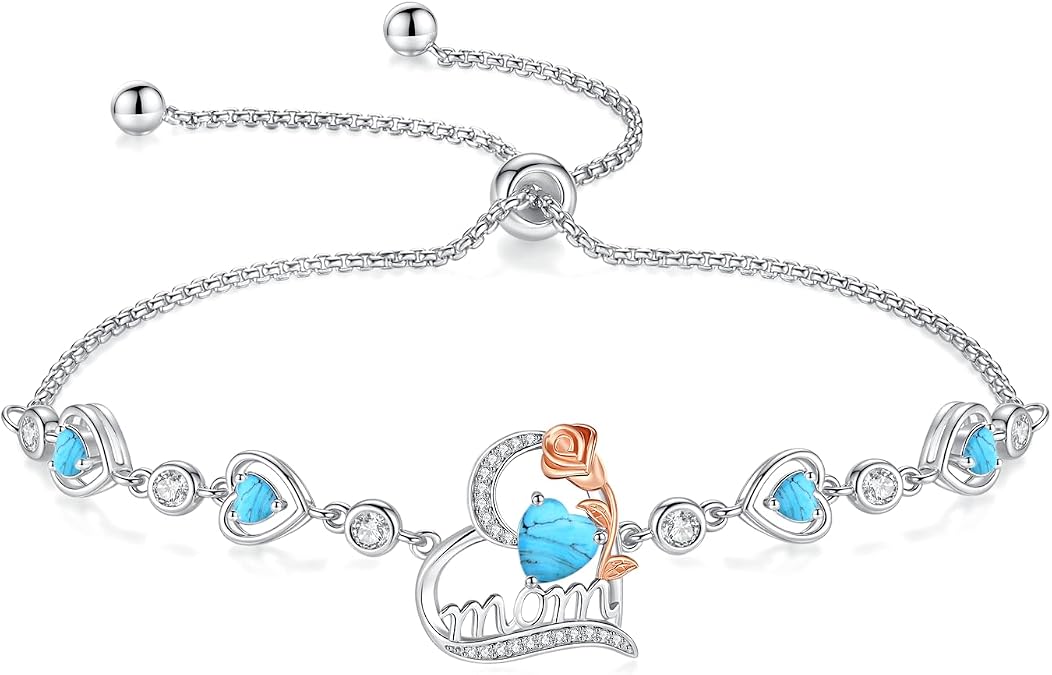 FANCIME Mom Birthstone Bracelet for Women Rose Heart Bracelet Mothers Day Gift Jewelry Gifts for Grandmother Wife, 9 Inches Adjustable