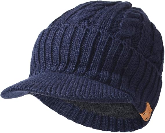 Ruphedy Mens Beanie with Brim Winter Hat Knitted Thick Fleece Visor Beanie