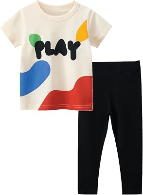 KADY Girls Play T-shirt and Long Legging Set, 2-Piece Summer Outfit, Beige and Black