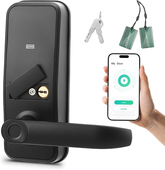 Smart Lock with Handle, Fingerprint Door Lock, Keyless Entry Door Lock with App Control, RFID Card, Password & Key Access, Touchscreen Keypad Electronic Door Lock for Front Door, Airbnb & Apartment