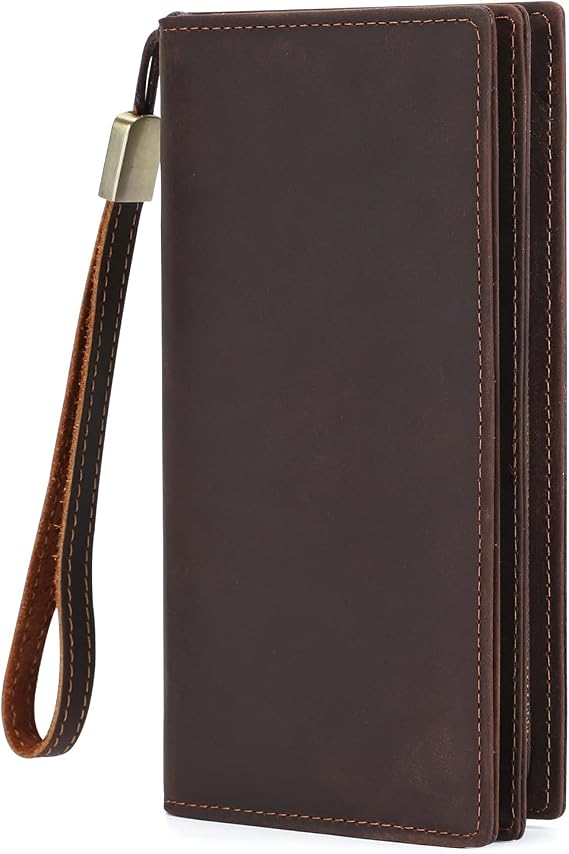 BAIGIO Genuine Leather Long Wallet for Men Bifold Wallet RFID Blocking Multi Card Purse with Zipper Wallet for Men Brown