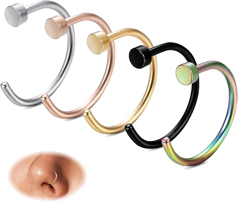 18G 20G 22G Nose Rings Hoops for Women Nose Piercing - Hypoallergenic 316L Stainless Steel Hoop Nose Rings Piercing Jewelry 5PCS Gold Silver Black Tone
