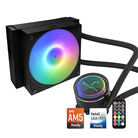 Dracaena.io 120mm AIO CPU Cooler, ARGB Remote Control, Quiet PWM Fan, Black