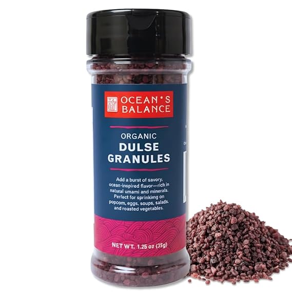 Ocean's Balance Dulse Granules Iron & Minerals,Soup Topping Seaweed,Seaweed for Ramen,Salad & Snacks Atlantic Dulse Flakes Vegan, Gluten-Free, Paleo & Keto Friendly (1.25oz)