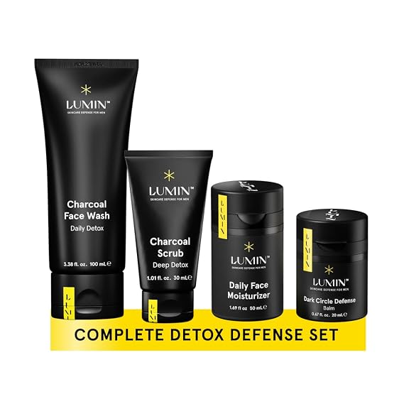 Lumin Skincare Kit for Men | Face Wash | Scrub | Moisturizer & Balm | Detox & Hydrate Daily with this 4 Piece Men's Skincare Set | Charcoal Face Wash, Deep Scrub, Moisturizer & Dark Circle Balm