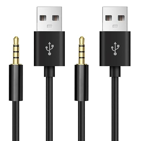 2 Pcs iPod Shuffle Cable, 3.5mm Audio Jack to USB Black | Charging and Data Transfer USB Data Sync & Charging Cable Lead,Compatible with iPod Shuffle 3 4 5 6 7 MP3 Player
