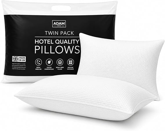 Adam Home Premium Pillows 2 Pack Hotel Quality with Breathable Cover – Bouncy Side Sleeper Pillow for Neck and Shoulder Pain – Quick Rebound & Dust Proof Hotel Pillows, Made in UK, (48x74 cm)