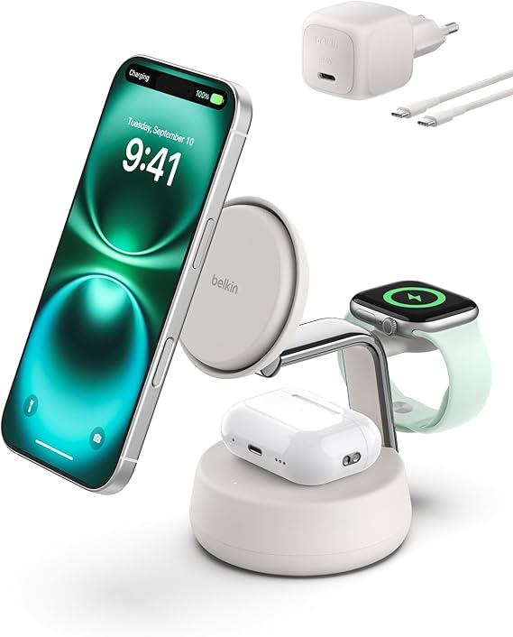 Belkin UltraCharge Pro MagSafe Uyumlu 3’ü 1 Arada Qi2 25W Kablosuz Şarj Cihazı, iPhone 17, Apple Watch, AirPods, Pixelsnap, Seyahat ve Masaüstü Standı, 45W Adaptör, Kum Rengi
