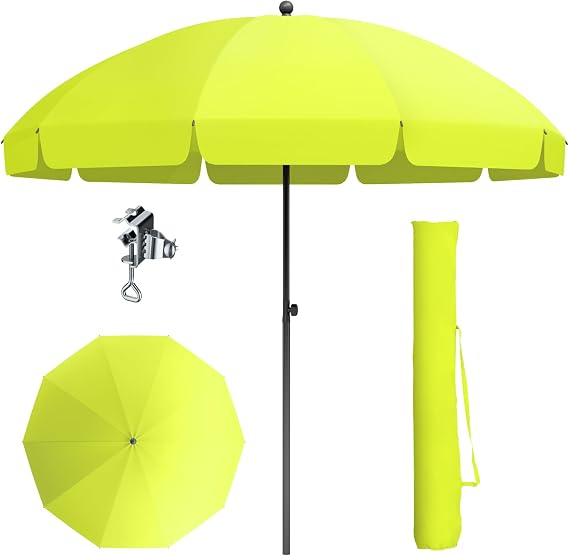 PHI VILLA 2.2x2.25m Sun Umbrella with Cover & Clamp, Portable Tilting Garden Parasol, Height Adjustable Patio Umbrella, Round Sun Shade UV50+ Protection for Balcony/Beach