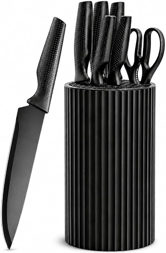 Kitchen Knife Set with Block, 7-Piece Compact Knife Block Set with Scissors, Space-Saving Stainless Steel Kitchen Knives for Small Kitchens, Apartments RV Everyday Cooking, Dishwasher Safe, Black