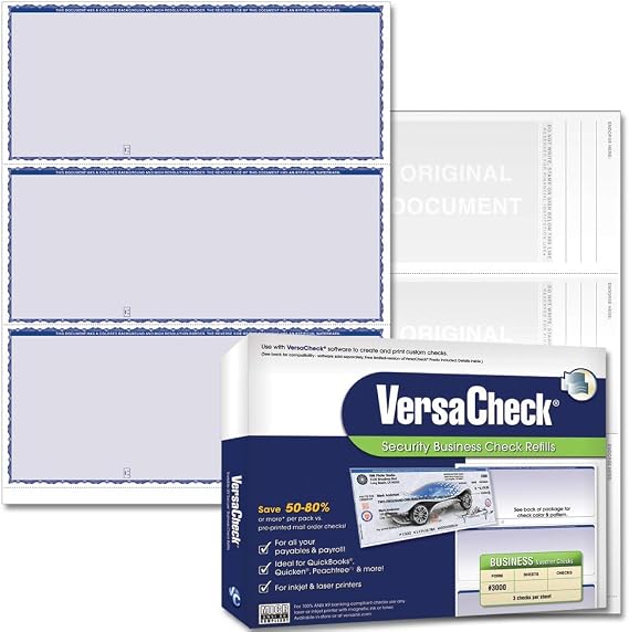 VersaCheck Secure Form #3000-750 Blank Business s 3 Per Sheet - Blue Premium - 250 Sheets