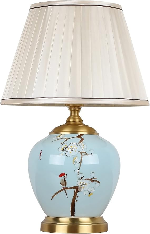 PURESILKS Hand Painted Ceramic Table Lamp Blue White Chinoiserie Design Fabric Shade Bedside Light for Bedroom Living Room Study Hotel Decor