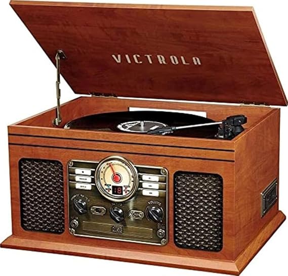 Victrola Quincy - 6-in-1 Bluetooth Record Player - Mahogany | Plays vinyl, CD, cassette and FM radio through built-in stereo speakers, Bluetooth and aux streaming, headphone jack
