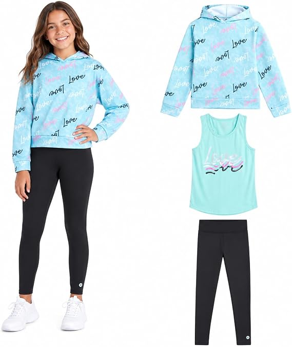RBX Girls 3-Piece Fleece Tank Top, Pullover Hoodie & Leggings (7-12)