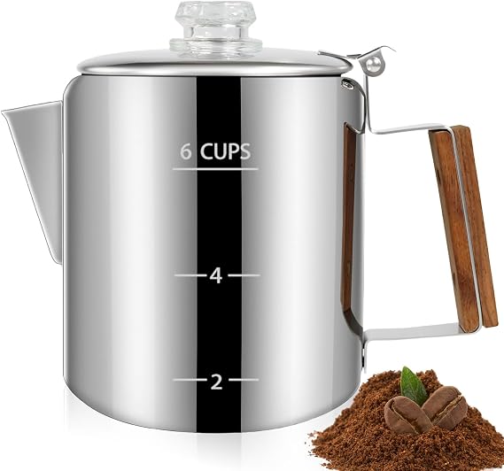 6 Cup Percolator 304 Stainless Steel Coffee Pot Coffee Maker Coffee Machine with Solid Wood Handle Transparent Knob Stovetop Greca Mocha for Induction Home and Camping 1000ml 33.8oz