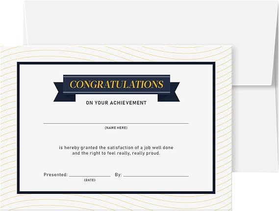 25 Congratulations On Your Achievement Award Certificate, 5" x 7" Fill-in-the-Blanks Recognition & Accomplishment Card with Envelopes for Graduation, School, Students, Employees NOT A Fold Over Card