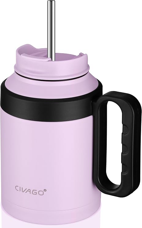 CIVAGO 50 oz Insulated Tumbler Mug with Lid and Straw, Vacuum Travel Coffee Mug with Handle, Double Wall Stainless Steel Water Cup Bottle, Lavender