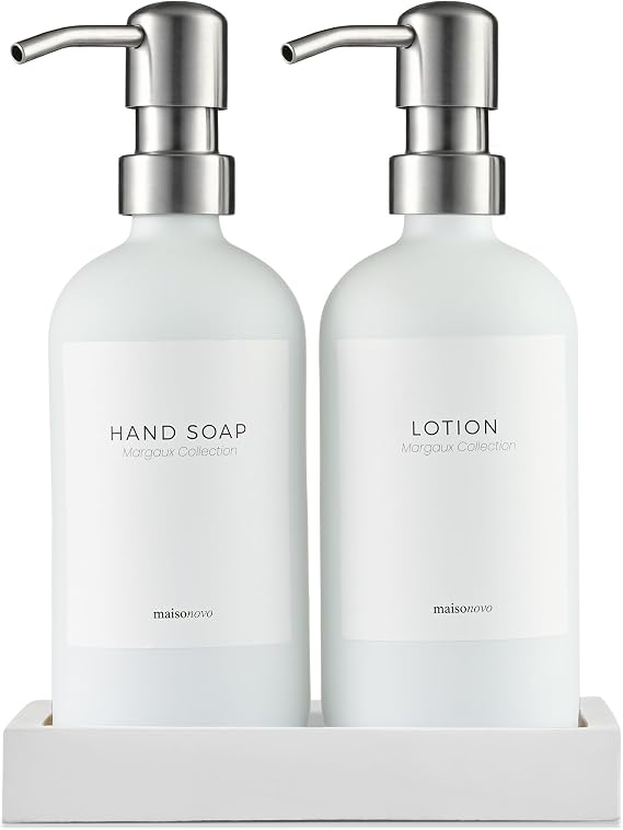 MaisoNovo Soap and Lotion Dispenser Set - Bathroom Soap Dispenser Set with White Soap Dispenser, Silver Pumps & Concrete Tray