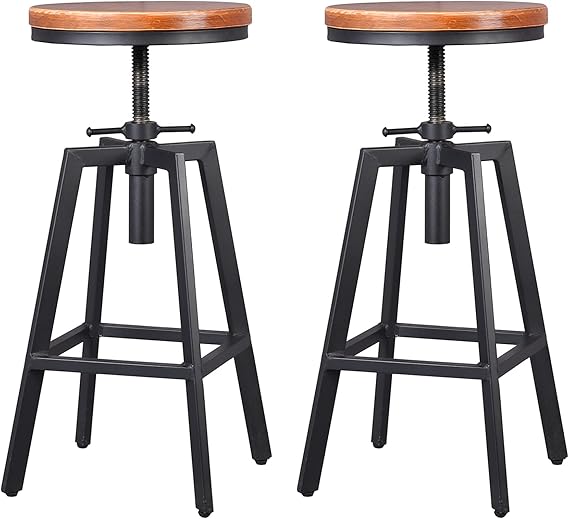 Industrial Bar Stools, Kitchen Dining Chair, Wood Metal Stool, Adjustable Height Swivel Counter Height Chair, Black, Fully Welded Set of 2 (Brown Wooden Top)